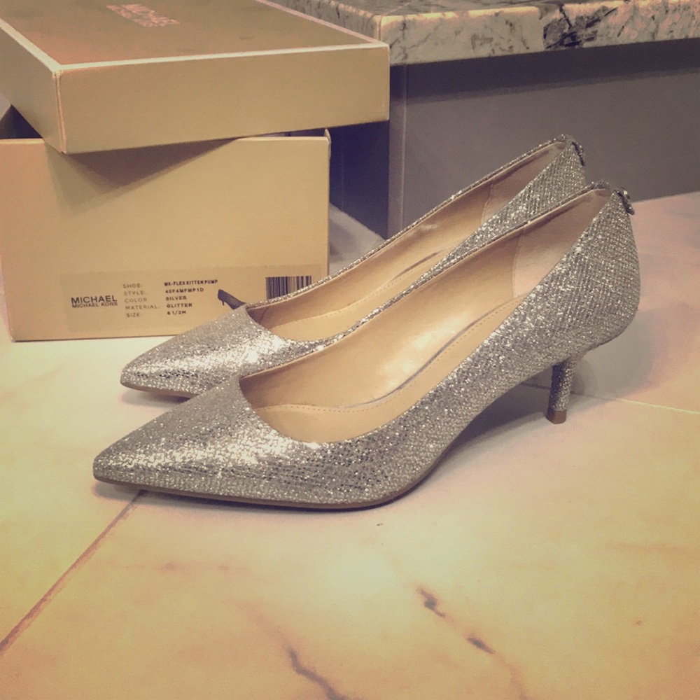 Michael Kors Silver Glitter Kitten Pump heels 6.5